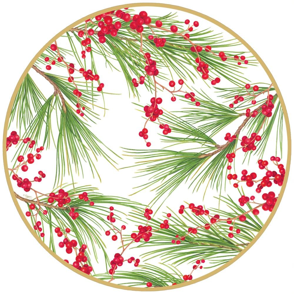 Caspari Berries and Pine Round Paper Placemats - 12 Per Package 1111PPRND