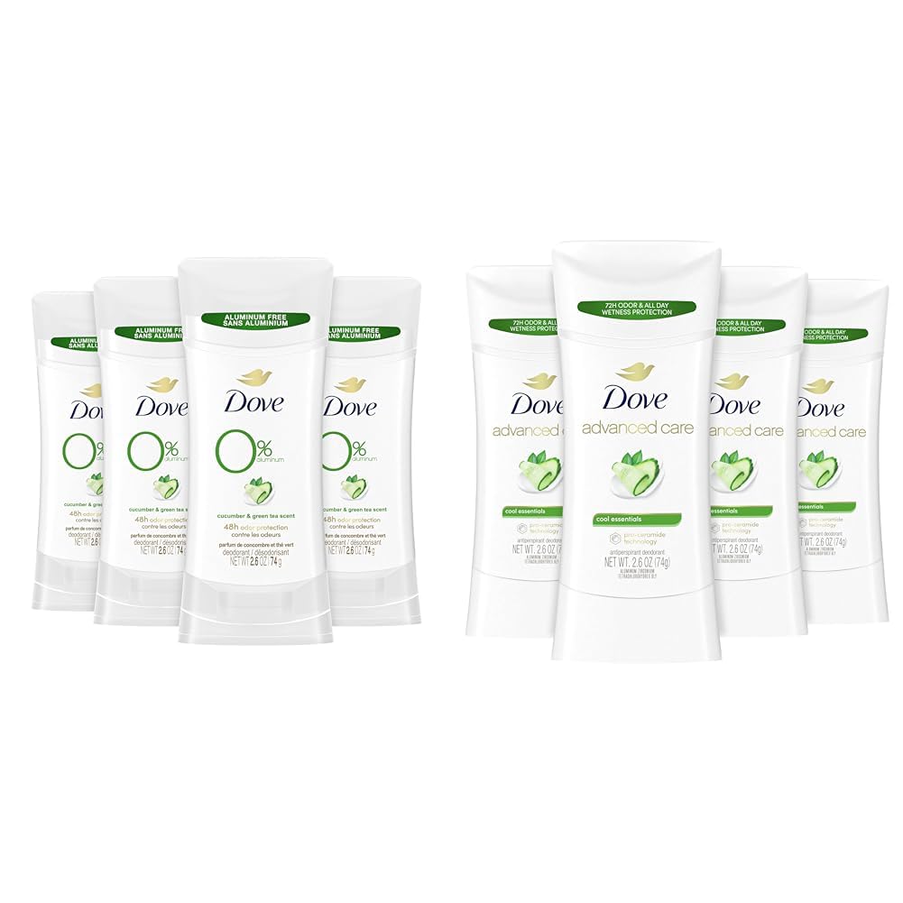 Dove 0% Aluminum Deodorant Stick Cucumber and Green Tea 4 Count Bundle with Dove Advanced Care Antiperspirant Deodorant Stick Cool Essentials 4 ct