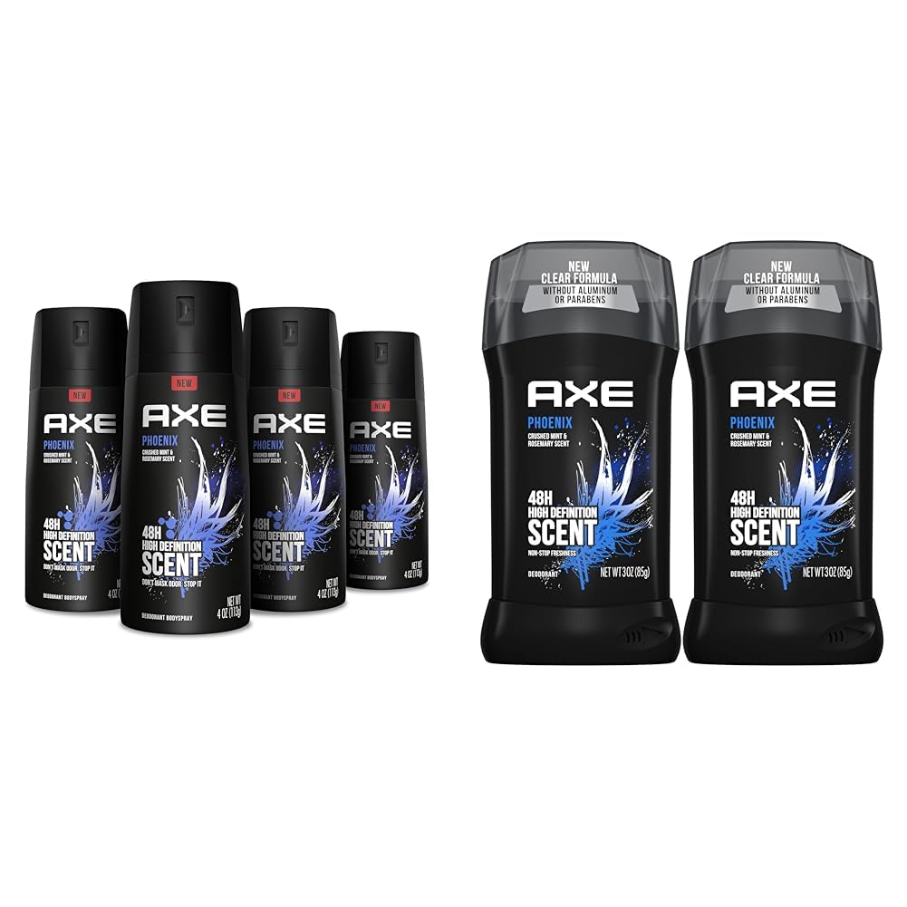Axe Phoenix Men's Deodorant Body Spray & Dual Action Deodorant Stick Twin Pack With Crushed Mint & Rosemary Scent, Aluminum Free