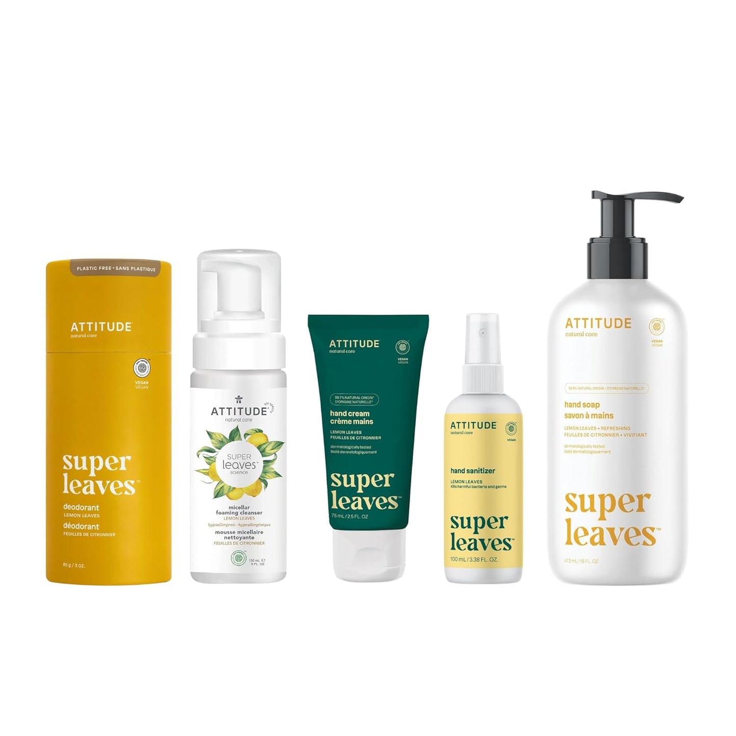 Bundle of ATTITUDE Plastic-Free Deodorant, Micellar Foaming Facial Cleanser, Hand Cream, Hand Sanitizer and Hand Soap, EWG Verified, Dermatologically Tested, Vegan, Lemon Leaves