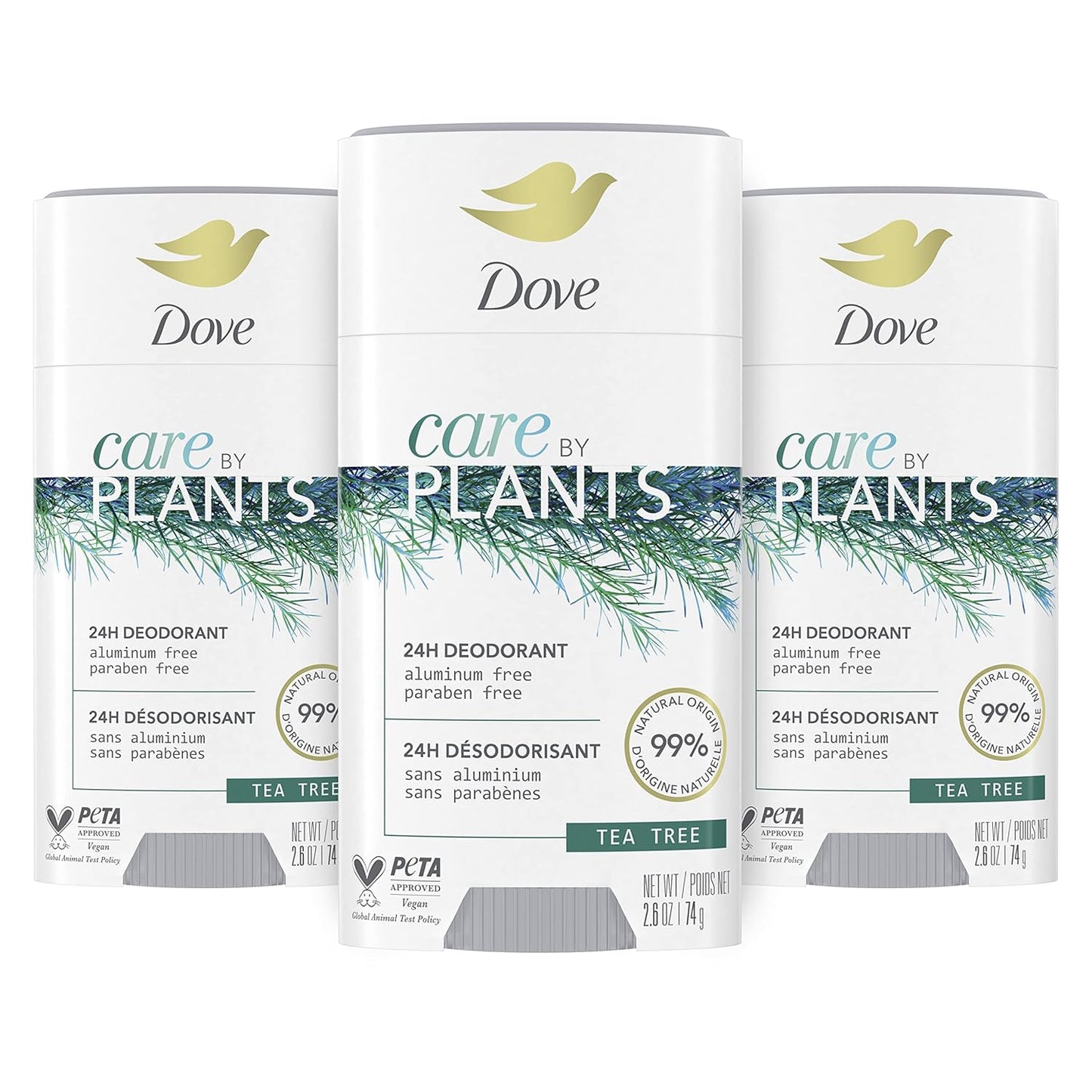 Dove Care by Plants Deodorant Stick for long-lasting deodorant protection Tea Tree aluminum free deodorant, 2.6 Oz, Pack of 3