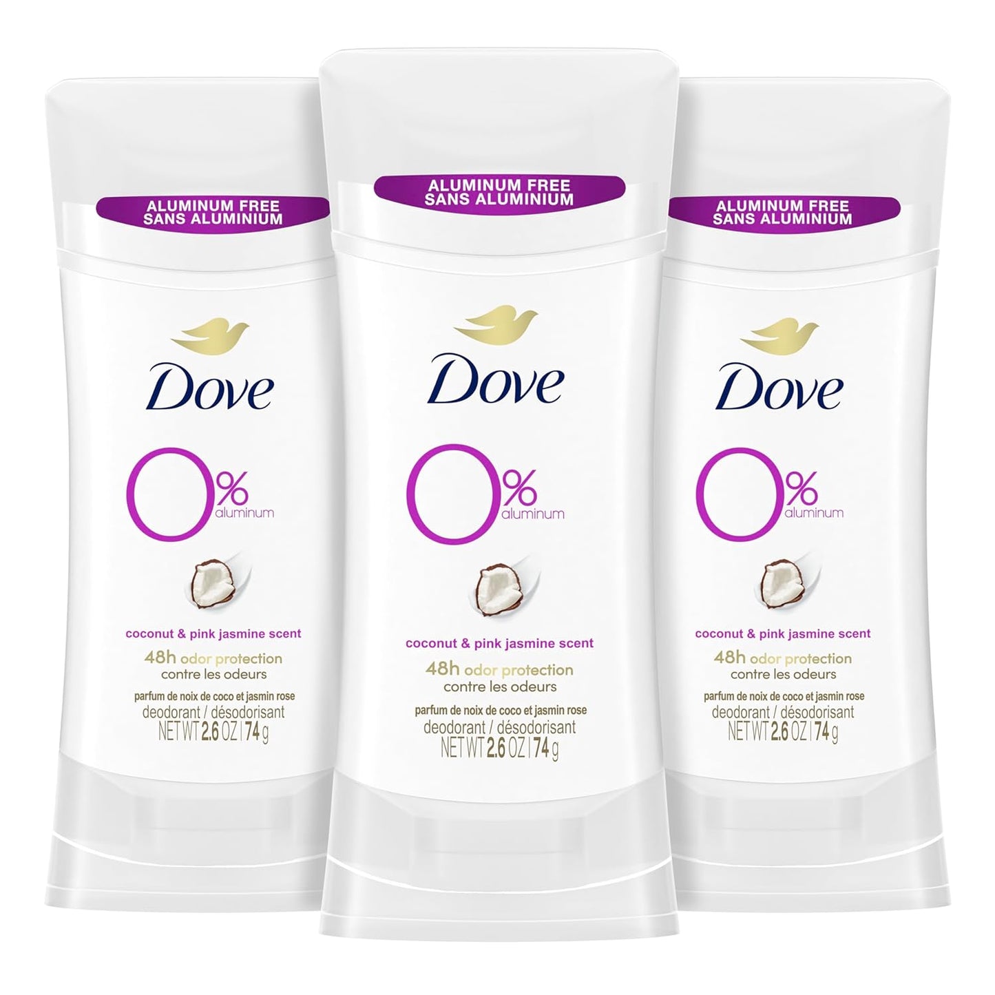 Dove 0% Aluminum Deodorant Stick Coconut and Pink Jasmine 3 Count Non-irritating Deodorant for Underarm Care Kindest Aluminum Free Deodorant 2.6 oz