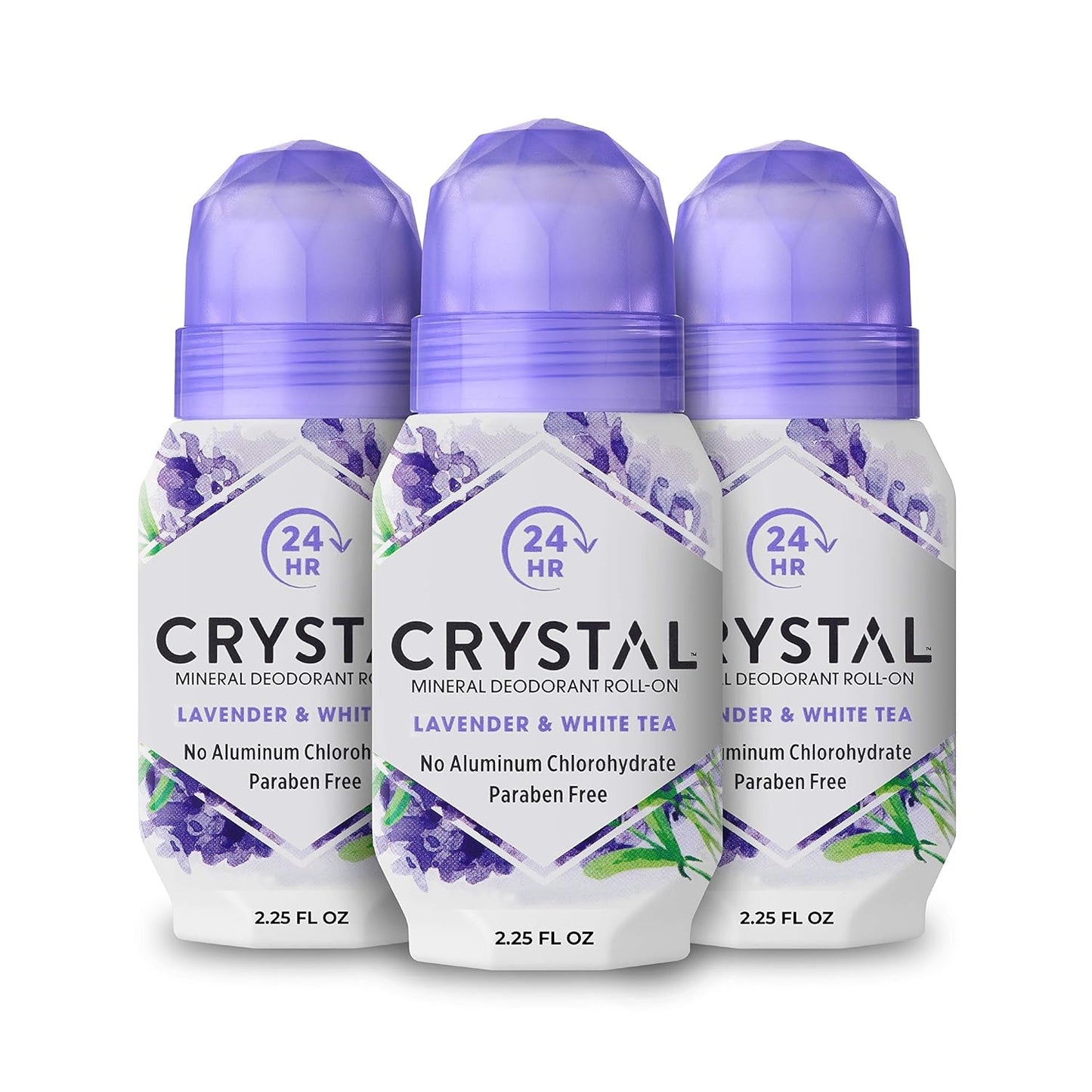 CRYSTAL Aluminum Free Mineral Deodorant Roll-On for Women & Men, Lavender & White Tea - Paraben Free - Certified Cruelty Free & Vegan Deodorant - Prevents Odor Up to 24 Hours,2.25 Fl Oz (Pack of 3)