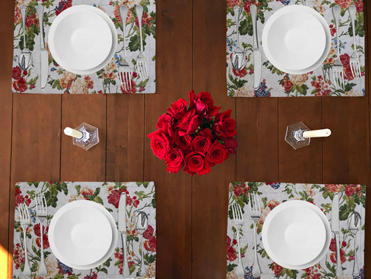 Vintage Floral Large Roses Print Cotton Dinner Table Placemats Holiday Home Decoration 13" x 19" (Pack of 4)