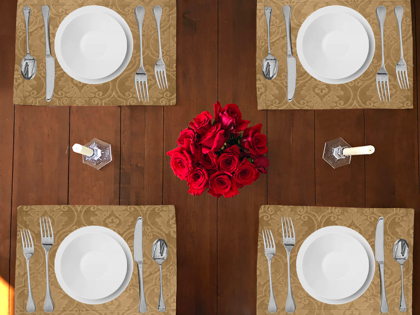 Velvet Embossed Victorian Damask Dinner Table Placemats Holiday Home Decoration 13" x 19" (Pack of 4)
