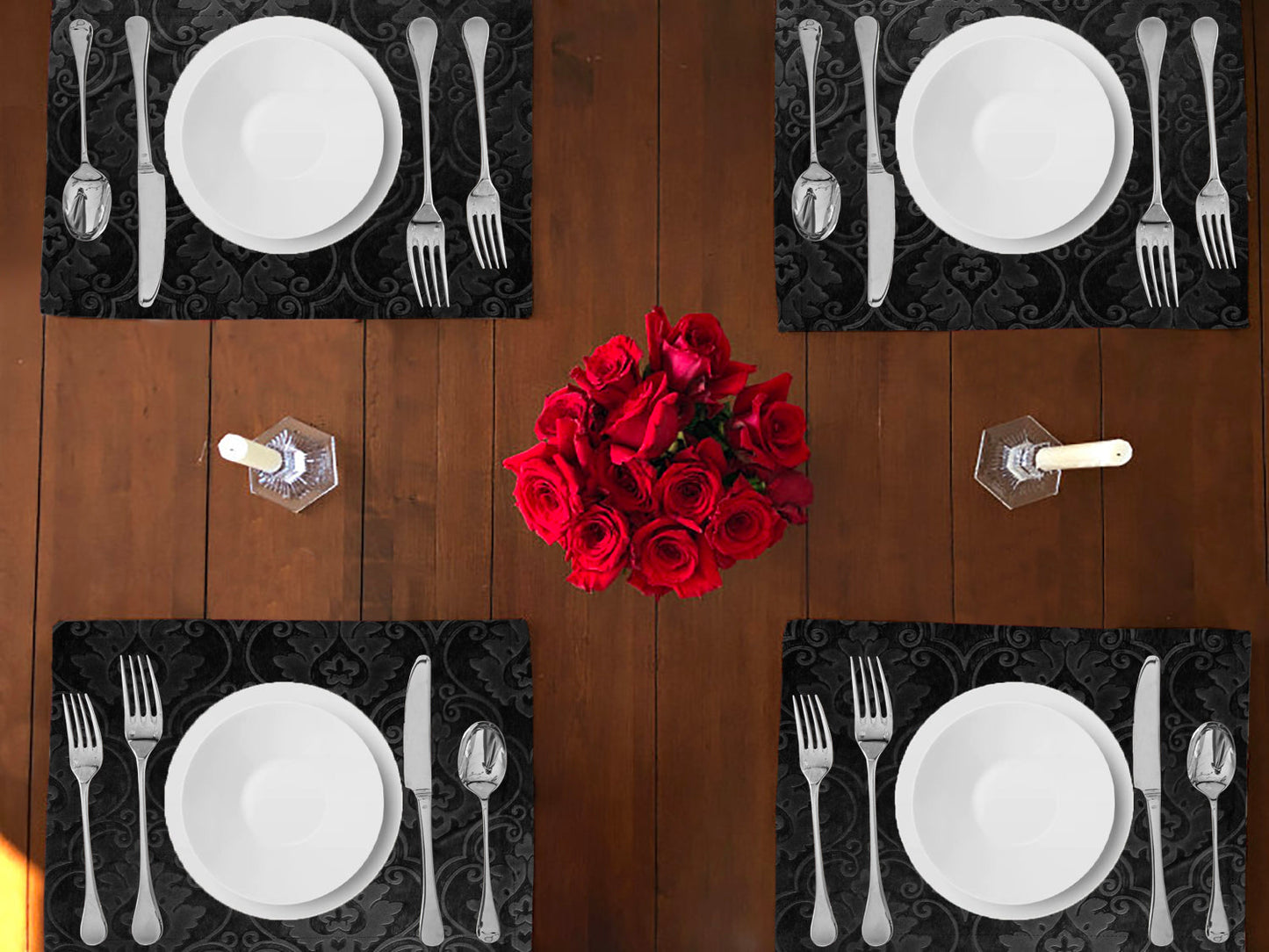 Velvet Embossed Victorian Damask Dinner Table Placemats Holiday Home Decoration 13" x 19" (Pack of 4)