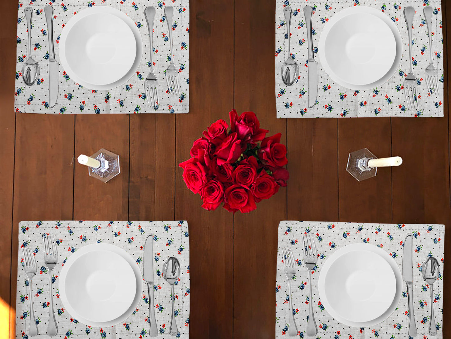 Tiny Flower Dots Print Cotton Dinner Table Placemats Holiday Home Decoration 13" x 19" (Pack of 4)