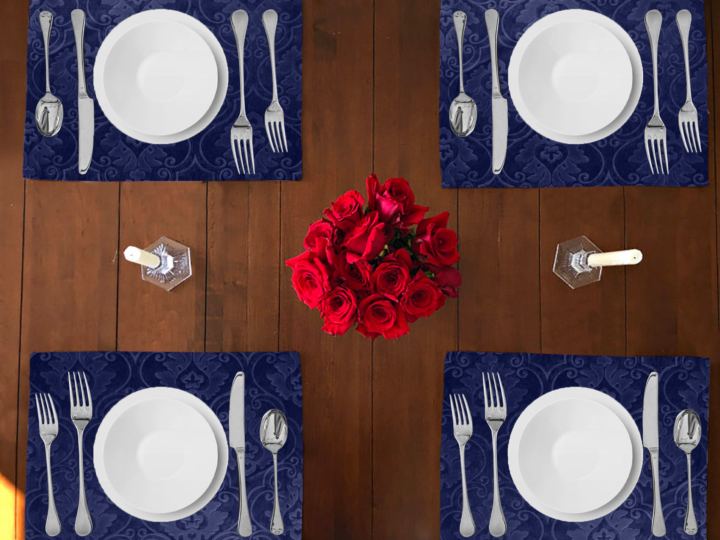 Velvet Embossed Victorian Damask Dinner Table Placemats Holiday Home Decoration 13" x 19" (Pack of 4)