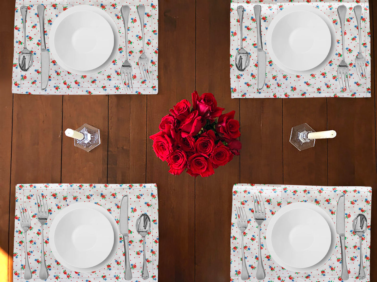 Tiny Flower Dots Print Cotton Dinner Table Placemats Holiday Home Decoration 13" x 19" (Pack of 4)