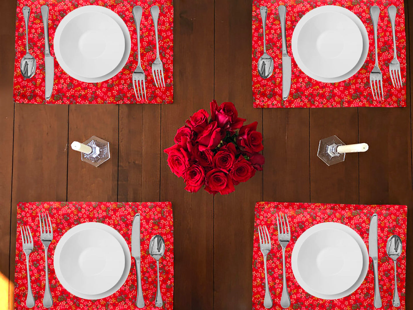 Small Flowers Allover Print Cotton Dinner Table Placemats Holiday Home Decoration 13" x 19" (Pack of 4)