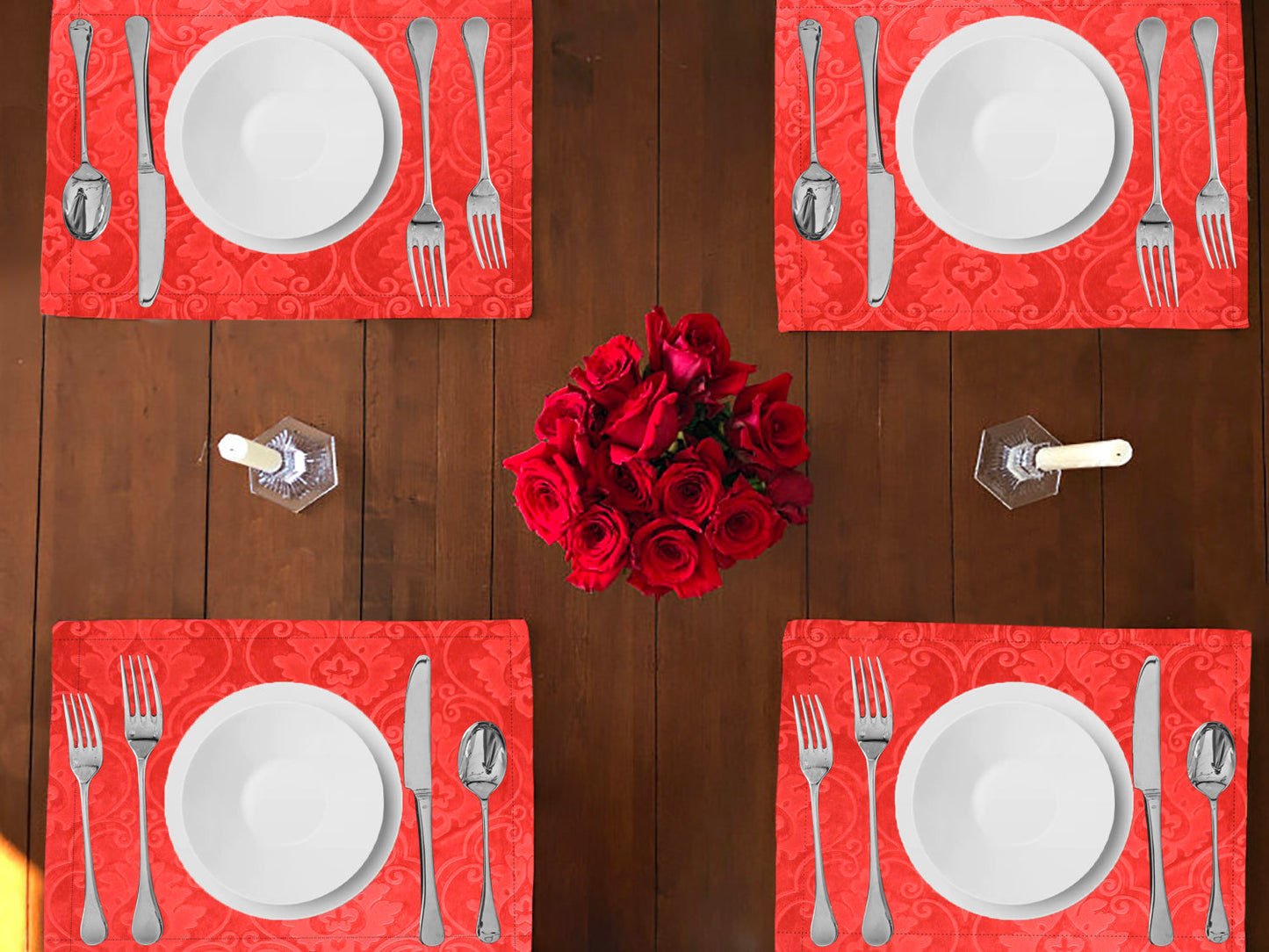 Velvet Embossed Victorian Damask Dinner Table Placemats Holiday Home Decoration 13" x 19" (Pack of 4)