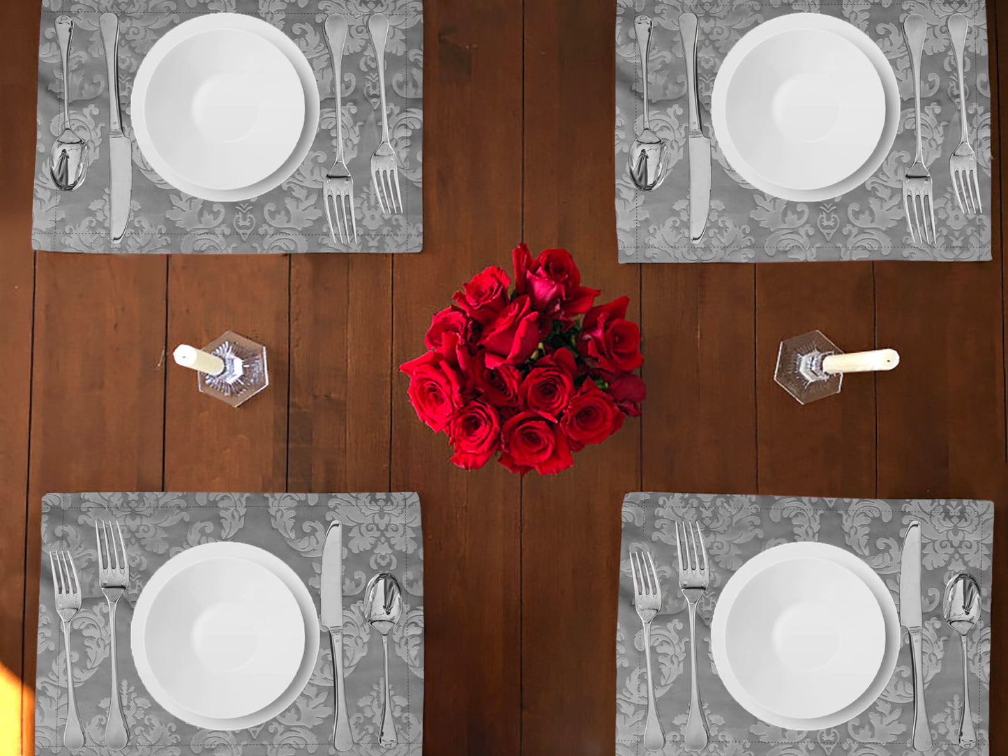 Velvet Embossed Damask Dinner Table Placemats Holiday Home Decoration 13" x 19" (Pack of 4)