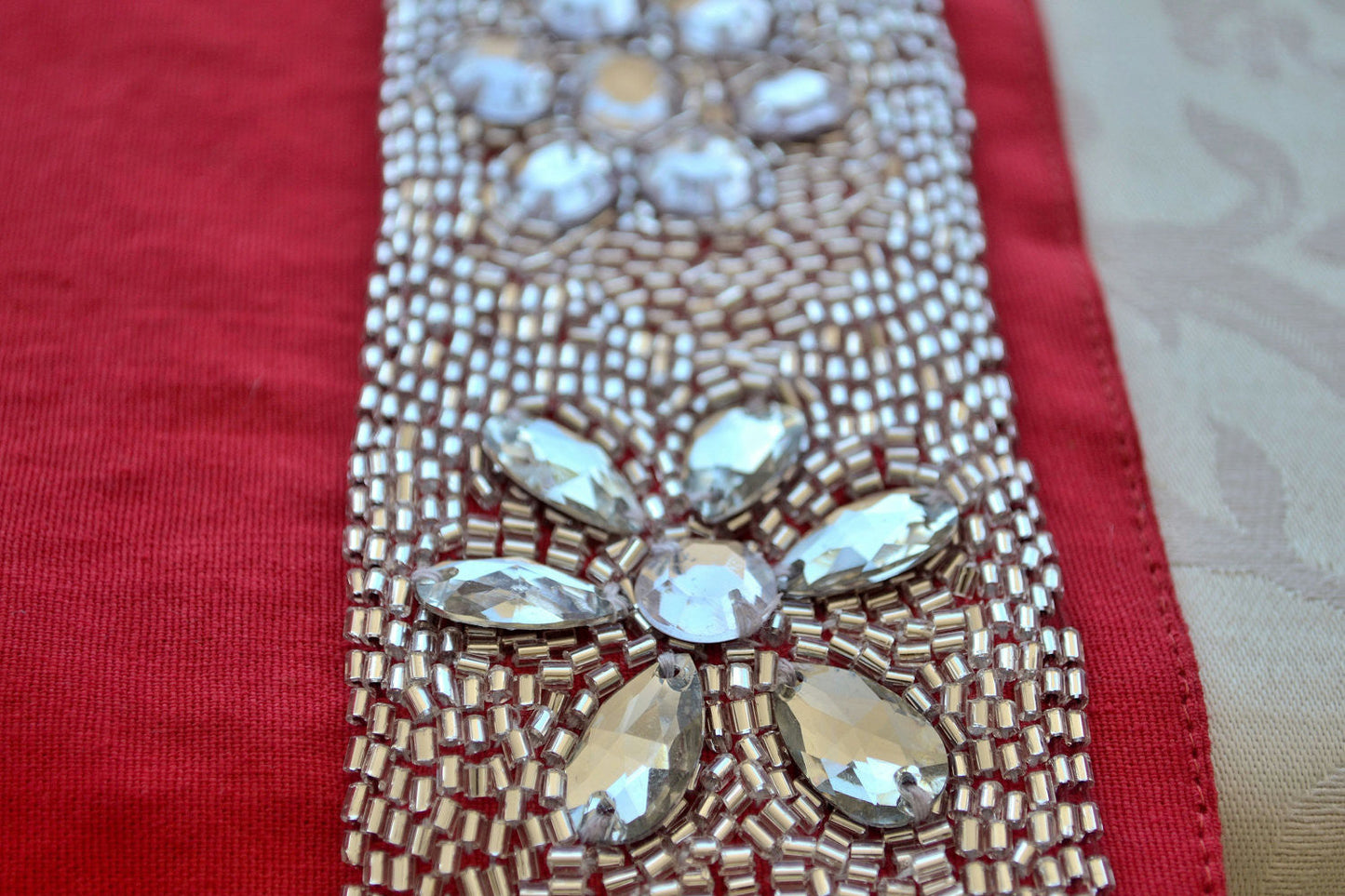 Set of 4 Red place mats with diamond glaze -Placemats with crystal and beads - Christmas dining room- Housewarming Wedding Anniversary Gifts