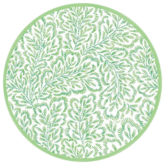 Block Print Leaves Round Paper Placemats in Green - 12 Per Package