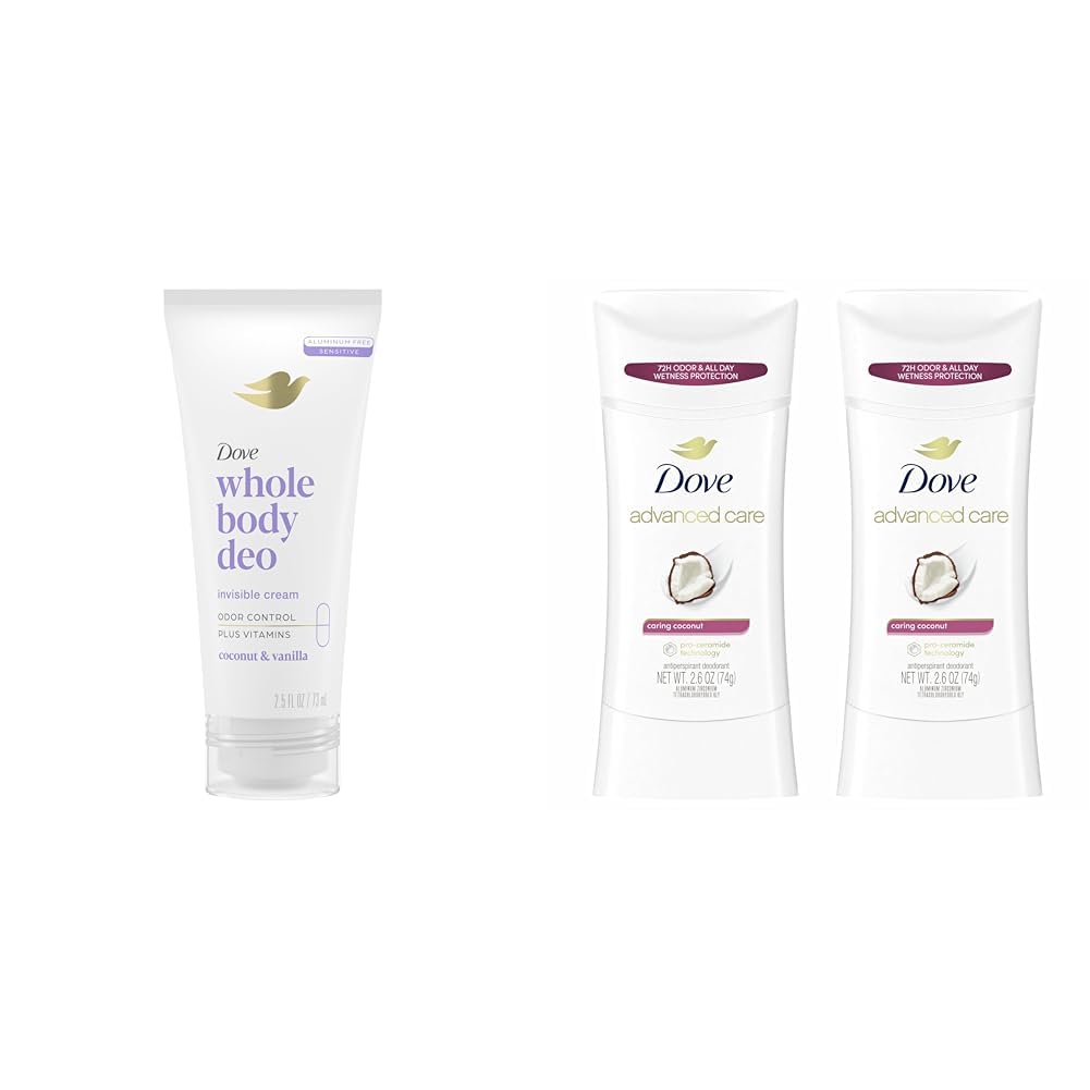 Dove Whole Body Deo Aluminum Free Invisible Cream Deodorant Coconut & Vanilla 72h Odor Control 2.5oz + Dove Advanced Care Antiperspirant Deodorant Stick Caring Coconut Twin Pack 2.6oz