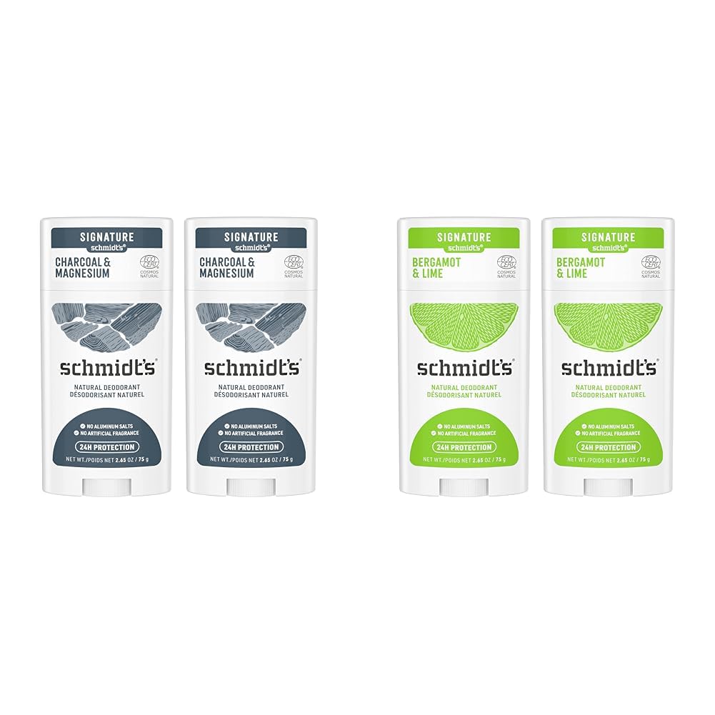 Schmidt's Aluminum Free Natural Deodorant Charcoal & Magnesium 2 Count For Women and Men & Aluminum Free Natural Deodorant For Women And Men, Bergamot & Lime