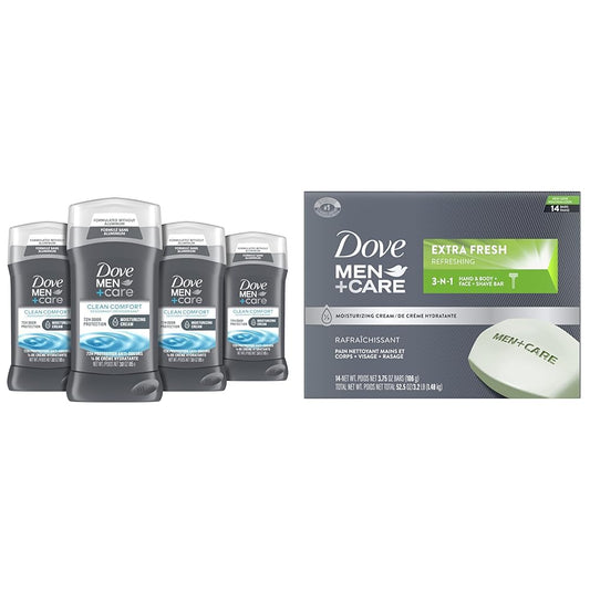DOVE MEN + CARE Deodorant Stick for Men Clean Comfort 4 Count Aluminum Free 72-Hour Odor Protection Mens Deodorant with 1/4 Moisturizing Cream 3 oz (Pack of 4) & Bar 3 in 1 Cleanser for Body, Face
