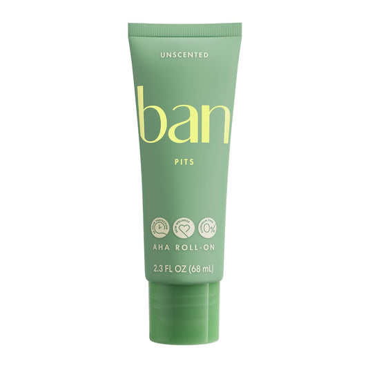 Ban Aluminum Free, Baking Soda Free, AHA With Prebiotics, Roll-On Deodorant, Unscented, 2.3 Oz