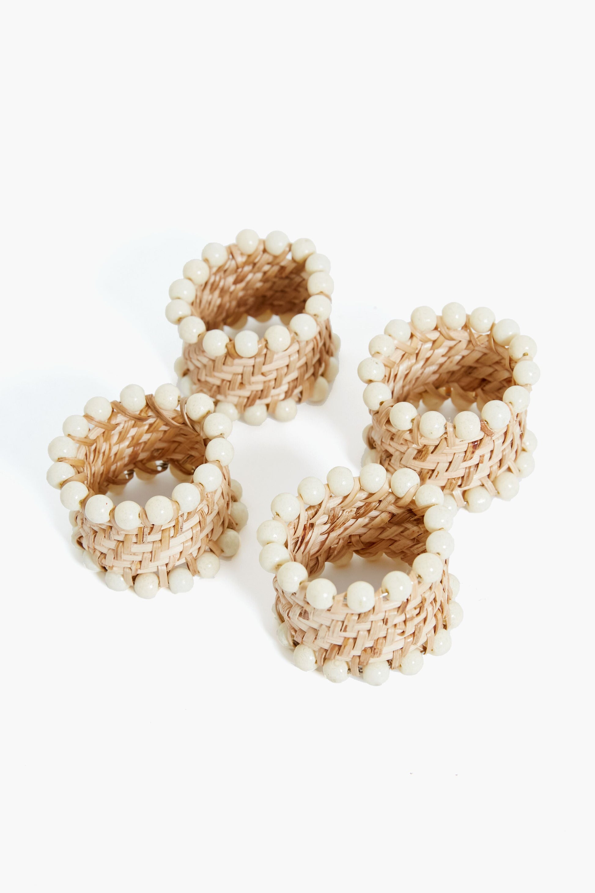 Cream and Rattan Beaded Napkin Rings Set of 4