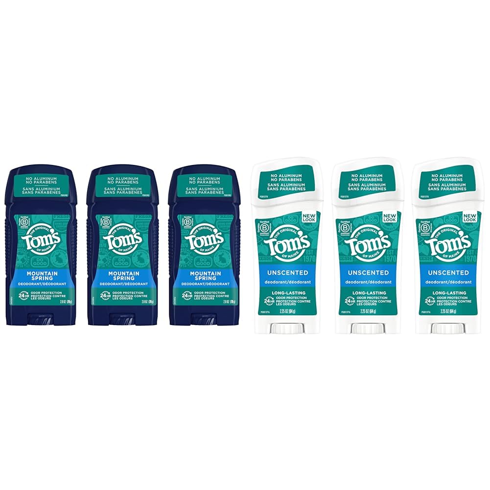 Tom's of Maine Long-Lasting Aluminum-Free Natural Deodorant for Men, Mountain Spring, 2.8 oz. 3-Pack & Long-Lasting Aluminum-Free Natural Deodorant for Women, Unscented, 2.25 oz. 3-Pack