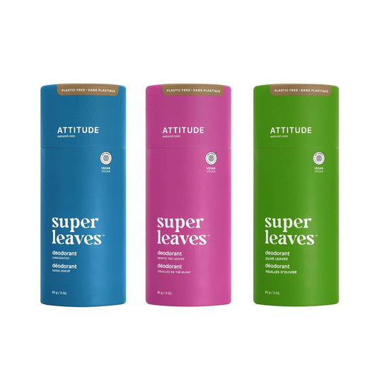 Bundle of ATTITUDE 3 Plastic-Free Deodorants, EWG Verified, Aluminum-Free, Dermatologically Tested, Plant and Mineral-Based, Vegan, 3 Ounces, Unscented + White Tea Leaves + Olive Leaves