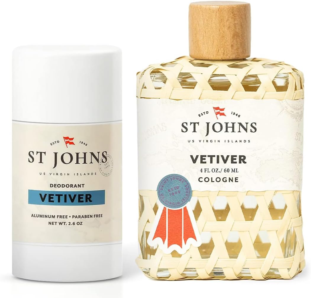 St. John Classic Vetiver Cologne & Aluminum Free Deodorant Set, 2 pc Bundle | Virgin Islands Inspired Cologne Fragrance for Men (4 oz) & Long-Lasting, Odor Resistant Clear Deodorant Stick (2.6 oz)