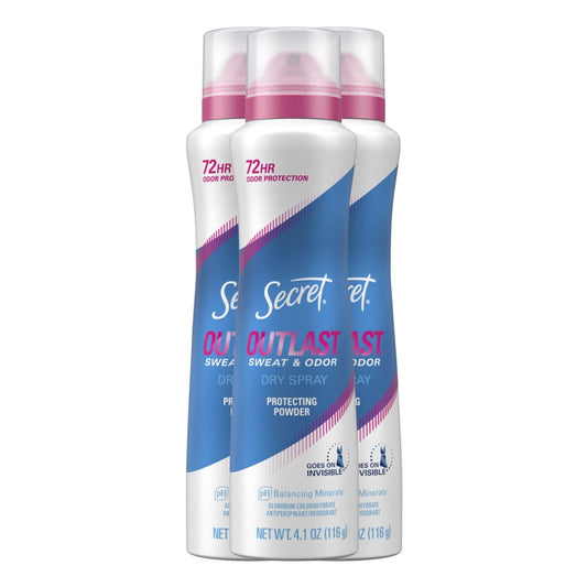 Secret Outlast Dry Spray Antiperspirant Deodorant for Women, Protection Powder Scent, 4.1 oz (Pack of 3)
