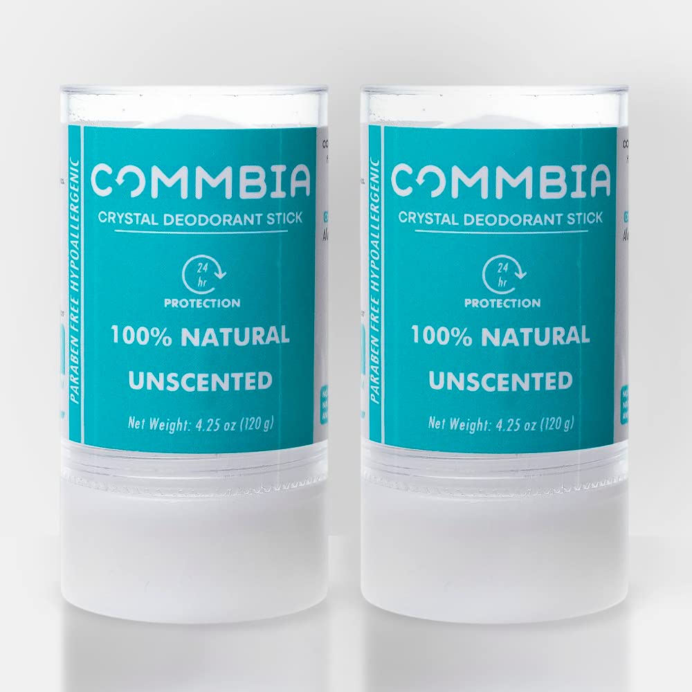 Crystal Deodorant Stone, Stick, natural deodorant, aluminum free deodorant, unscented, not tested on animals, hypoallergenic, natural from Thailand, by Commbia. 24h protection, 4.25 oz (pack of 2)