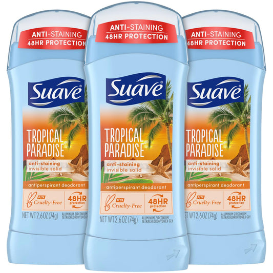 Suave Deodorant for Women, Tropical Paradise – Invisible Solid Antiperspirant Deodorant Stick, 48H Protection, 2.6 Oz Ea (Pack of 3)
