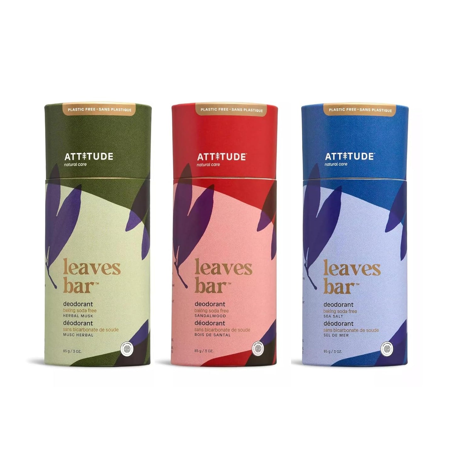 Bundle of ATTITUDE 3 Plastic-Free Deodorants, Aluminum Free, Baking-Soda Free, EWG Verified Body Care, Vegan and Cruelty-free, 3 Ounces, Sandalwood + Herbal Musk + Sea Salt
