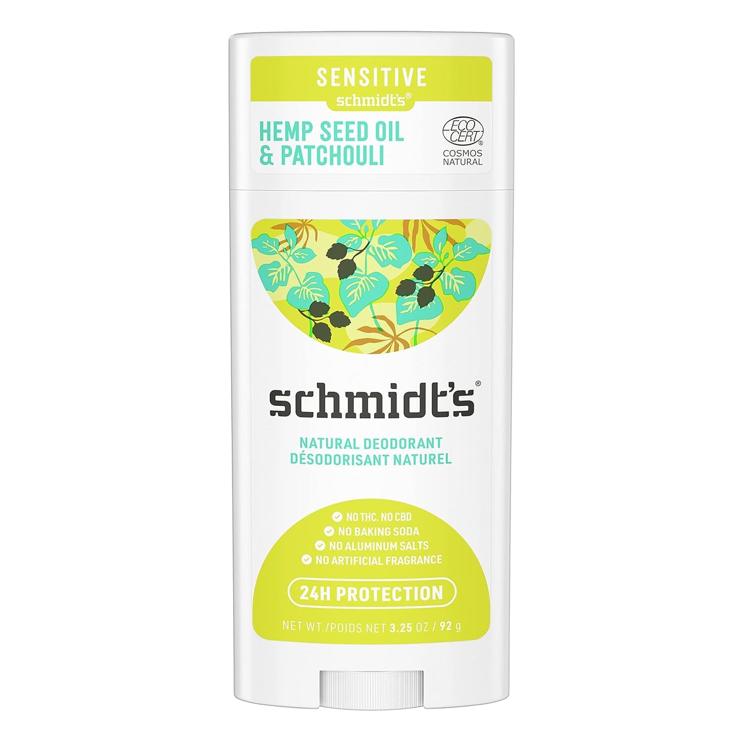 Schmidt's Sensitive Skin Natural Deodorant with Hemp Seed Oil For 24 Hour Odor Protection Patchouli + Hops Aluminum Salt Free, Vegan, Certified Cruelty Free, 3.25 oz