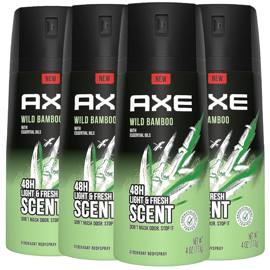 AXE Wild Bamboo Men's Body Spray Deodorant 48hr Odor Protection With Essential Oils Aluminum Free Deodorant Body Spray 4 oz (Pack of 4)