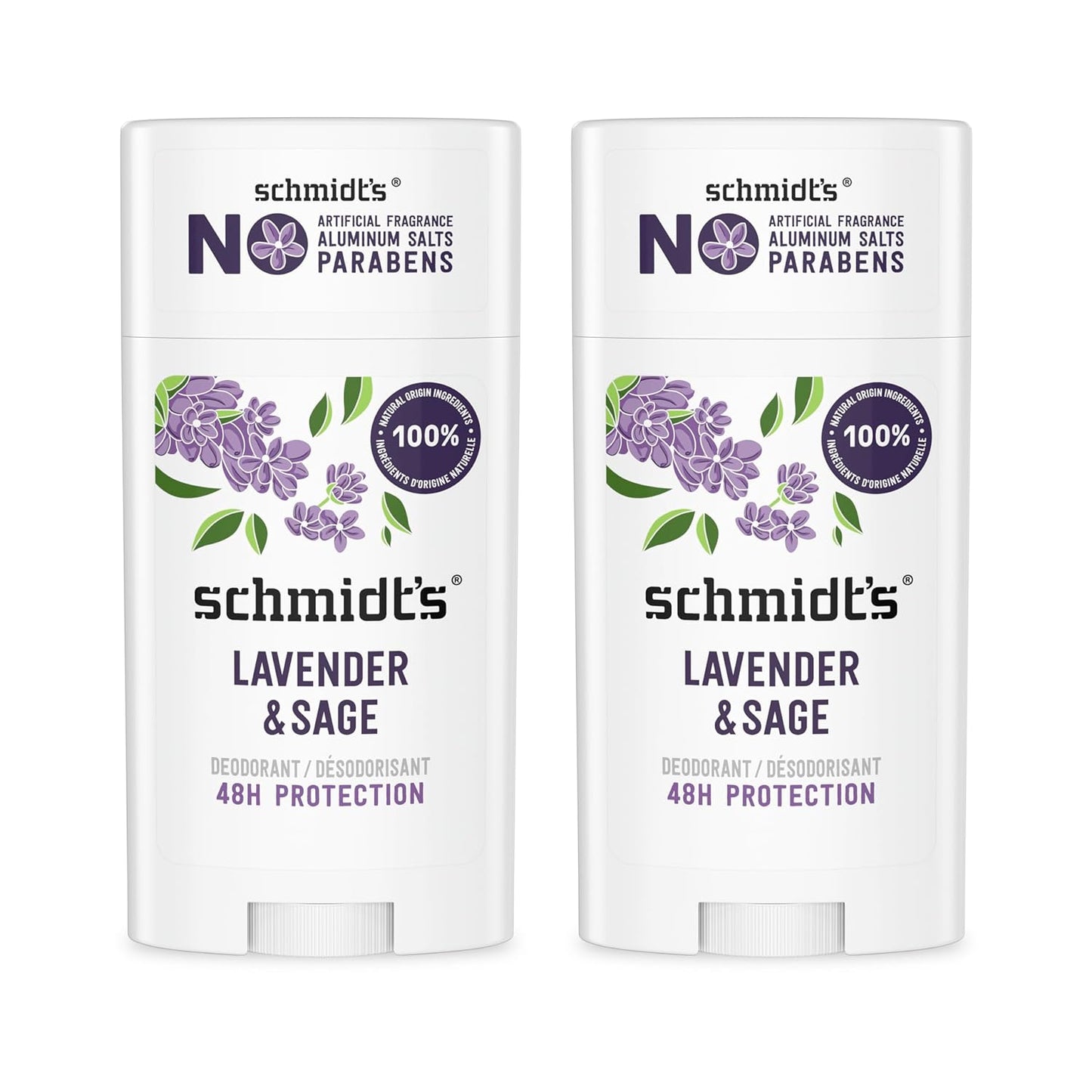 Schmidt's Aluminum-Free Vegan Deodorant Lavender & Sage with 24 Hour Odor Protection, 2 Count for Women and Men, Natural Ingredients, Cruelty-Free, 2.65 oz