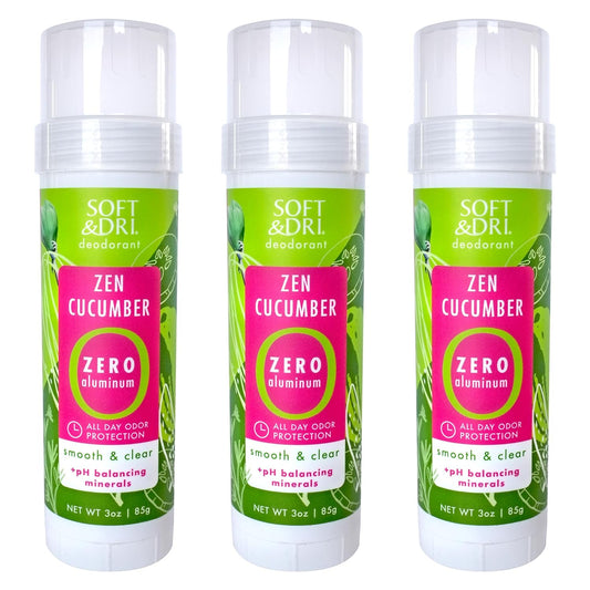 Soft & Dri Zen Cucumber Aluminum Free Deodorant, 3 oz, Smooth and Clear Stick, pH Balancing Minerals, 3 Pack