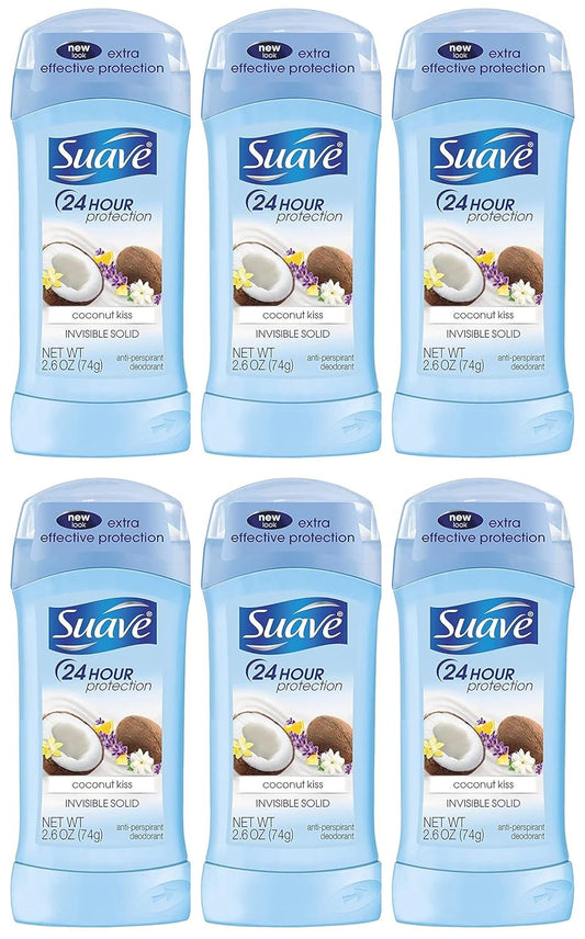 Suave Deodorant 2.6 Ounce 24Hr Coconut Kiss Invisible Solid (76ml) (6 Pack)