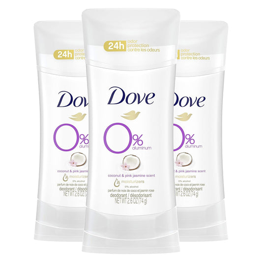 Dove Aluminum Free Deodorant for Women 24-Hour Odor Protection, Coconut and Pink Jasmine, White, 2.6 Ounce (Pack of 3)