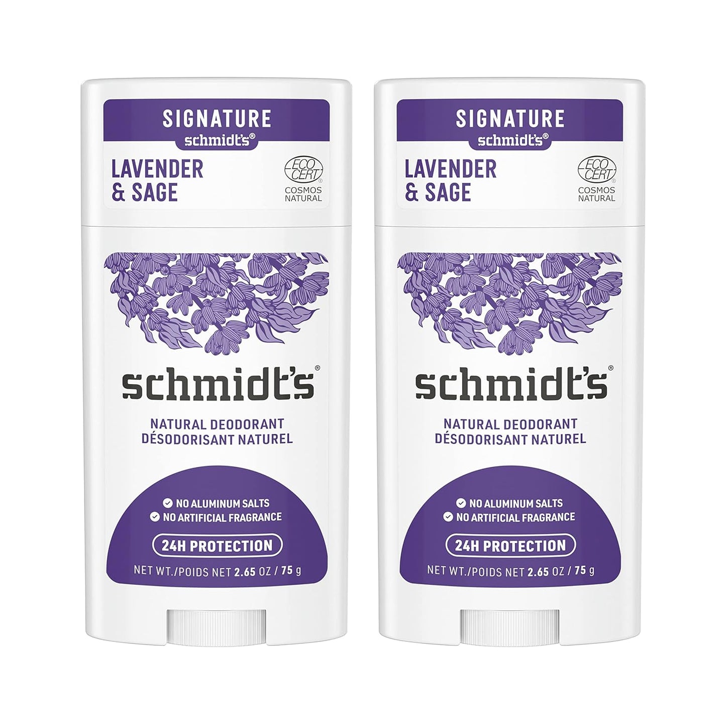 Schmidt's Aluminum Free Natural Deodorant for Women and Men, Lavender and Sage with 24 Hour Odor Protection, Vegan, Cruelty Free, 2.65 Oz, Pack of 2
