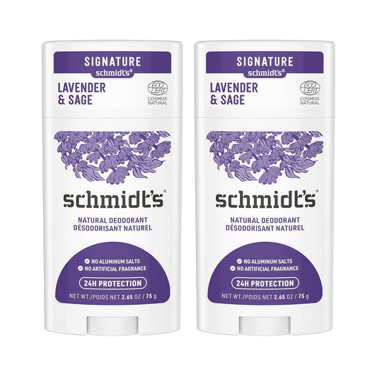 Schmidt's Aluminum Free Natural Deodorant for Women and Men, Lavender and Sage with 24 Hour Odor Protection, Vegan, Cruelty Free, 2.65 Oz, Pack of 2