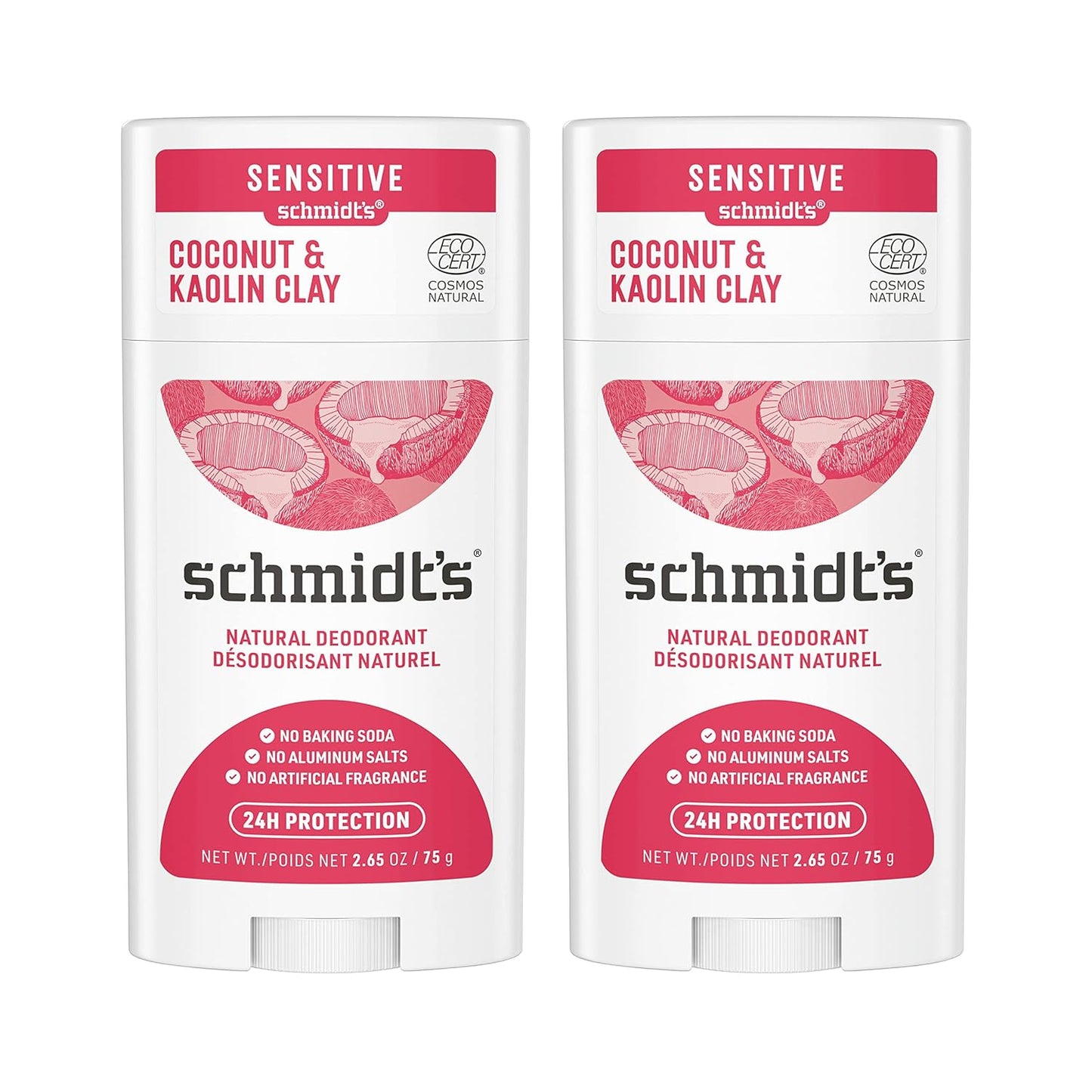 Schmidt's Aluminum Free Natural Deodorant Coconut & Kaolin Clay 2-pk for Women and Men, with 24 Hour Odor Protection, Certified Natural, Cruelty Free, Vegan Deodorant 2.65oz