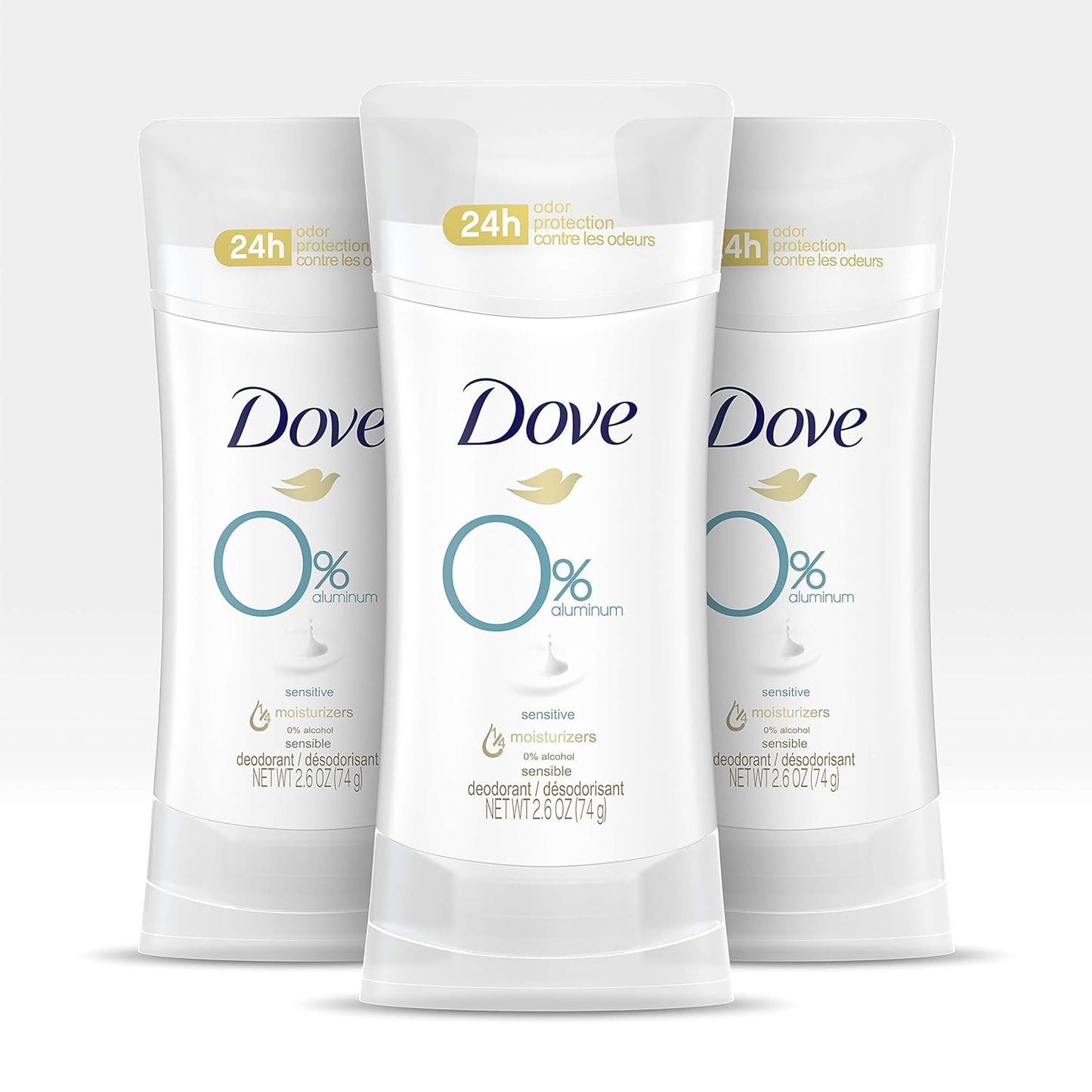 Dove 0% Aluminum Deodorant For Odor Protection Sensitive Deodorant Stick Provides 24-Hour Protection, 2.6 Ounce (Pack of 3)
