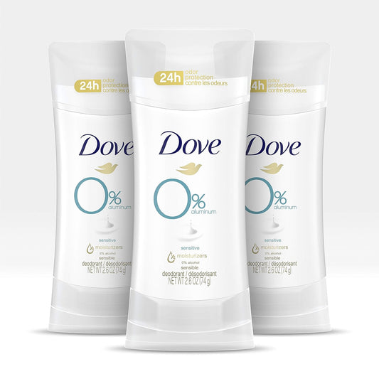 Dove 0% Aluminum Deodorant For Odor Protection Sensitive Deodorant Stick Provides 24-Hour Protection, 2.6 Ounce (Pack of 3)