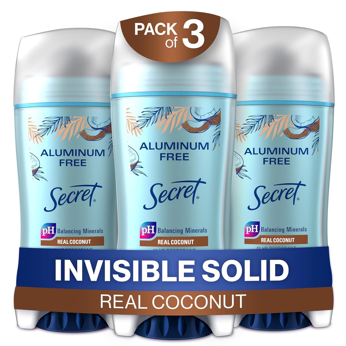 Secret Aluminum Free Deodorant for Women, 48 HR Odor Fighting Protection with Real Ingredients, Coconut, 2.4 oz (Pack of 3)
