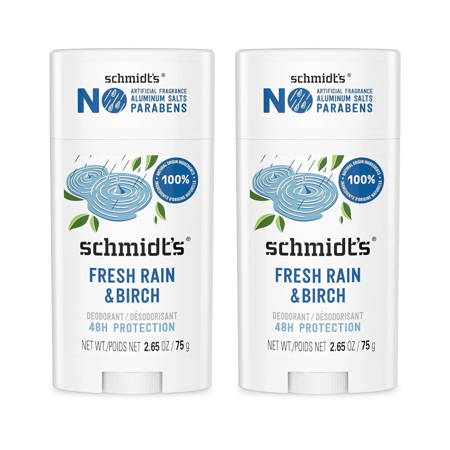 Schmidt's Aluminum-Free Vegan Deodorant Fresh Rain & Birch with 24 Hour Odor Protection, 2 Count for Women and Men, Natural Ingredients, Cruelty-Free, 2.65 oz