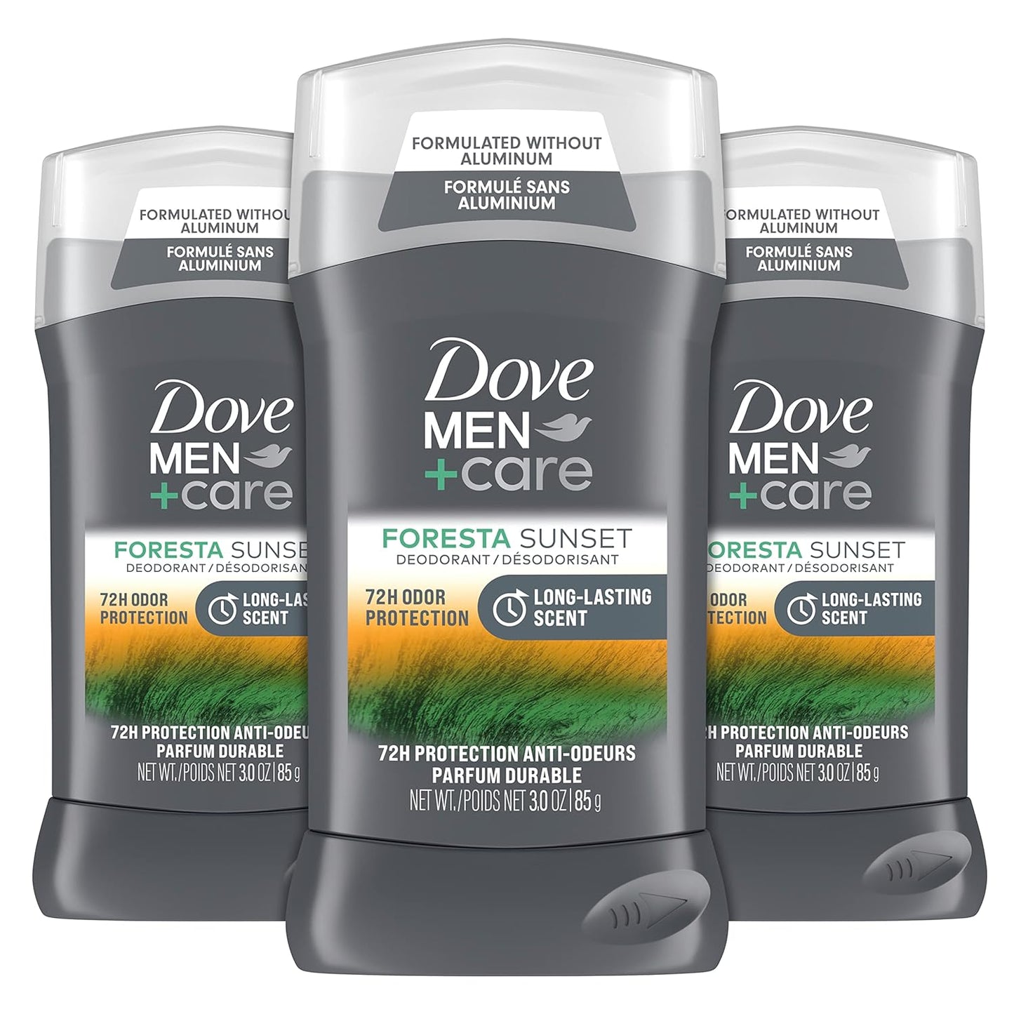 DOVE MEN + CARE Deodorant Stick For Men Foresta Sunset 3 Count Aluminum Free 72-Hour Odor Protection Mens Deodorant With Essential Oils & 1/4 Moisturizing Cream 3oz