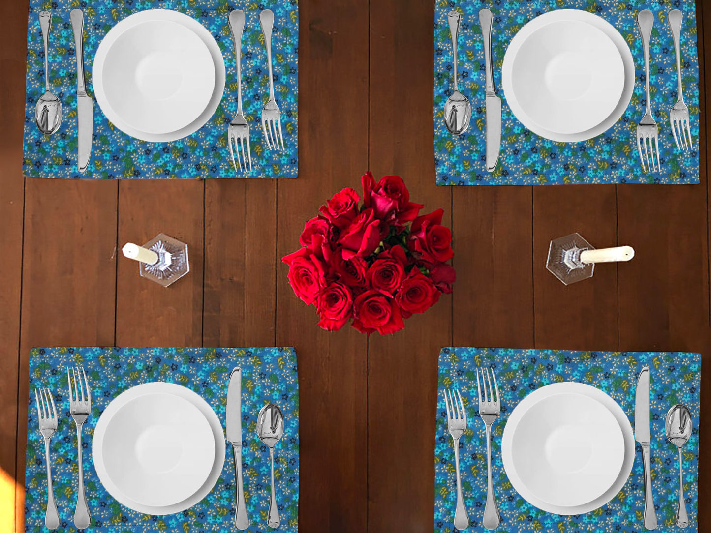 Small Flowers Allover Print Cotton Dinner Table Placemats Holiday Home Decoration 13" x 19" (Pack of 4)