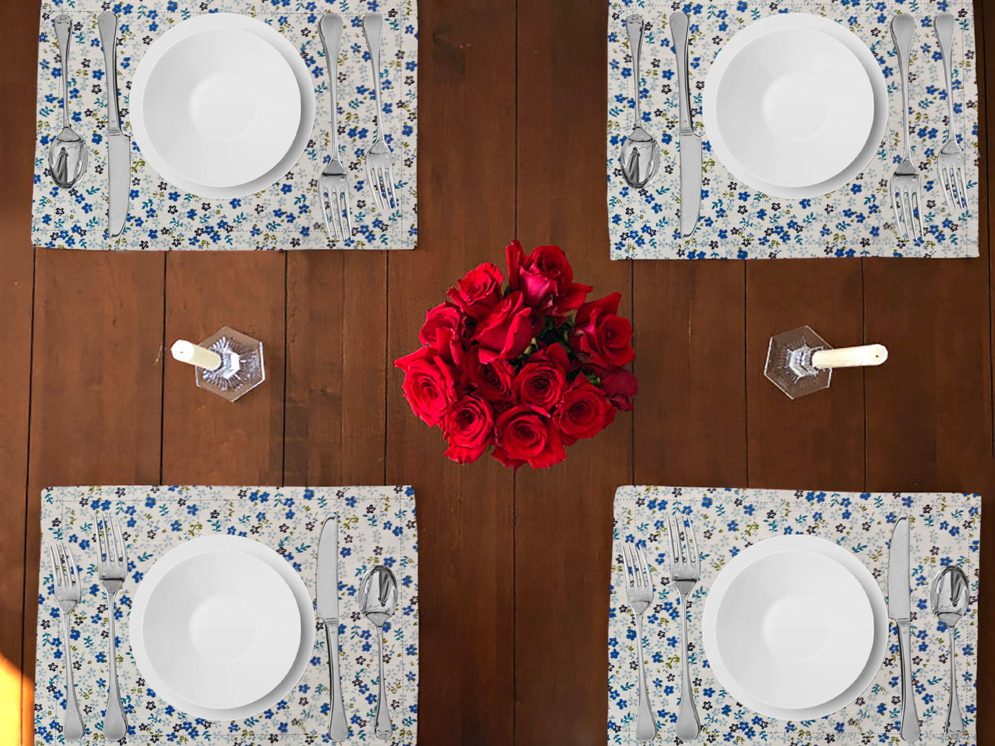 Small Flowers Allover Print Cotton Dinner Table Placemats Holiday Home Decoration 13" x 19" (Pack of 4)