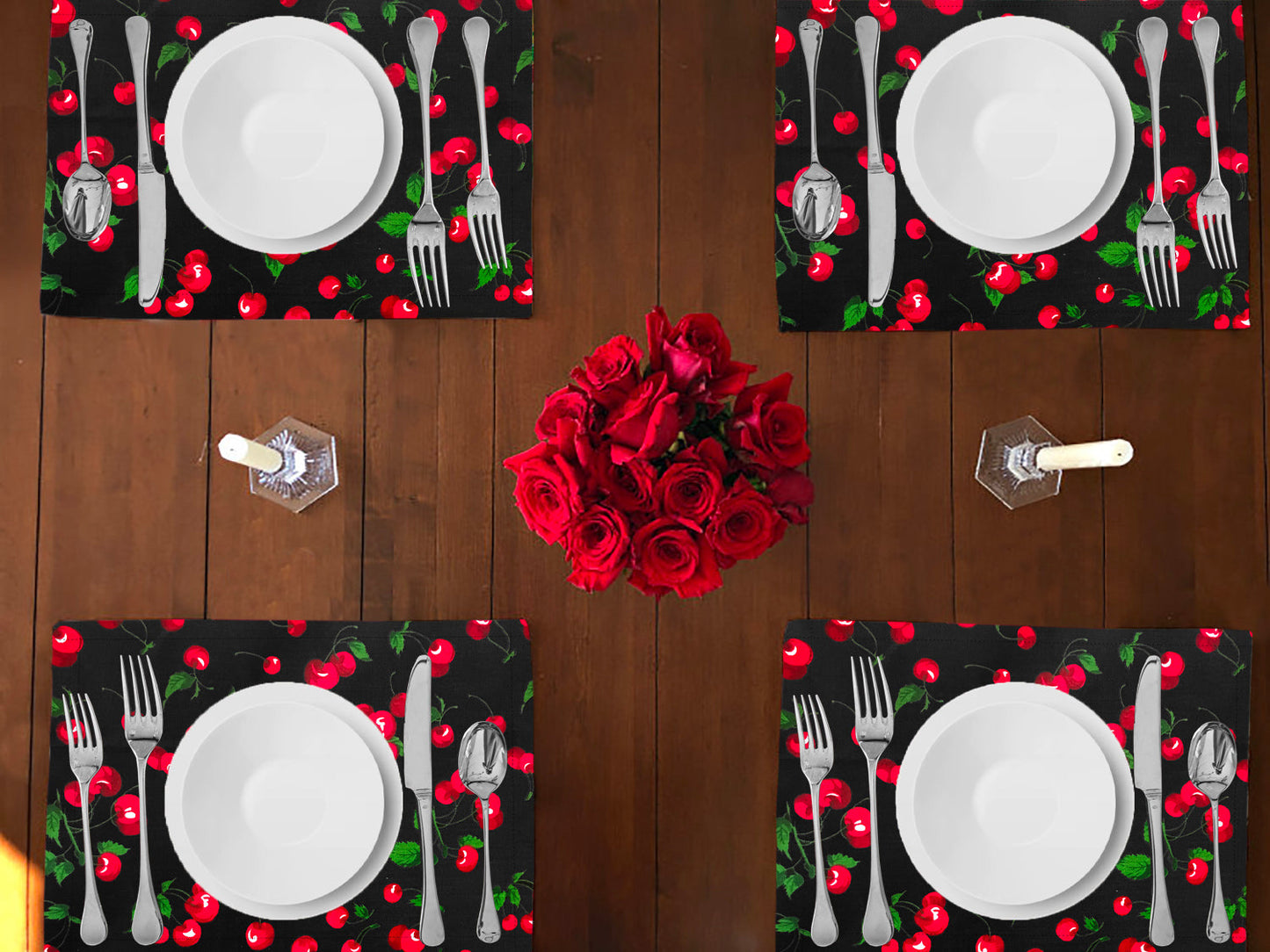 Cherries Allover Print Cotton Dinner Table Placemats Holiday Home Decoration 13" x 19" (Pack of 4)