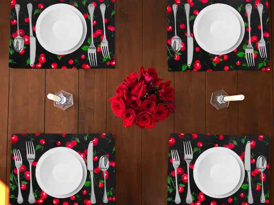 Cherries Allover Print Cotton Dinner Table Placemats Holiday Home Decoration 13" x 19" (Pack of 4)