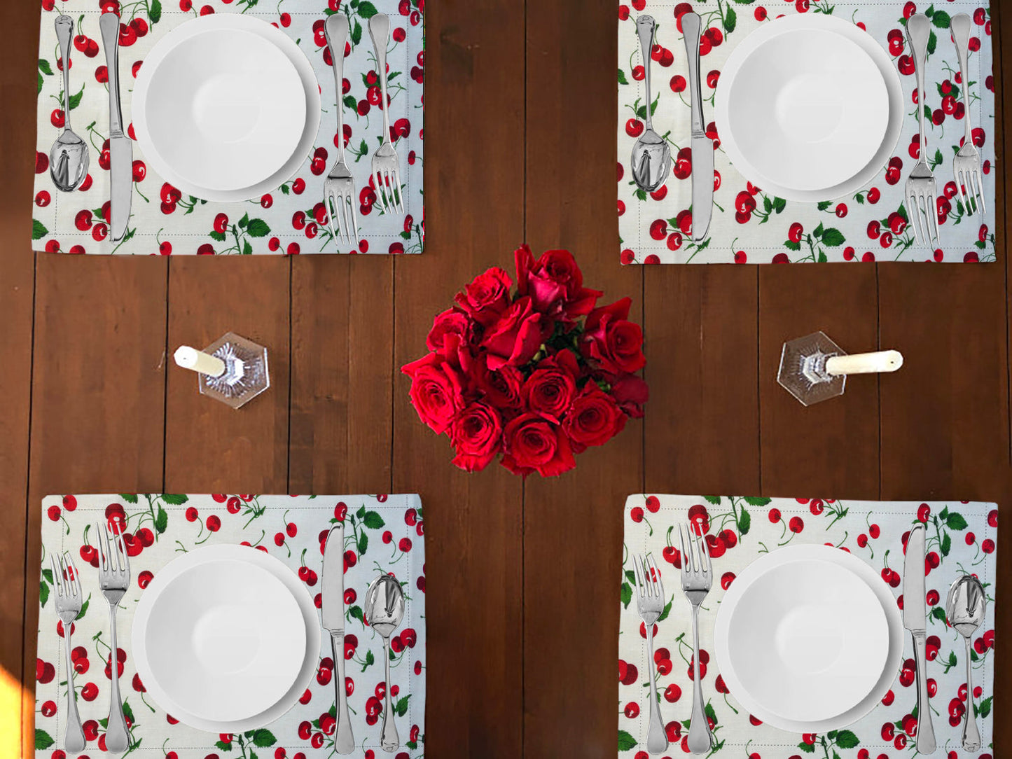 Cherries Allover Print Cotton Dinner Table Placemats Holiday Home Decoration 13" x 19" (Pack of 4)