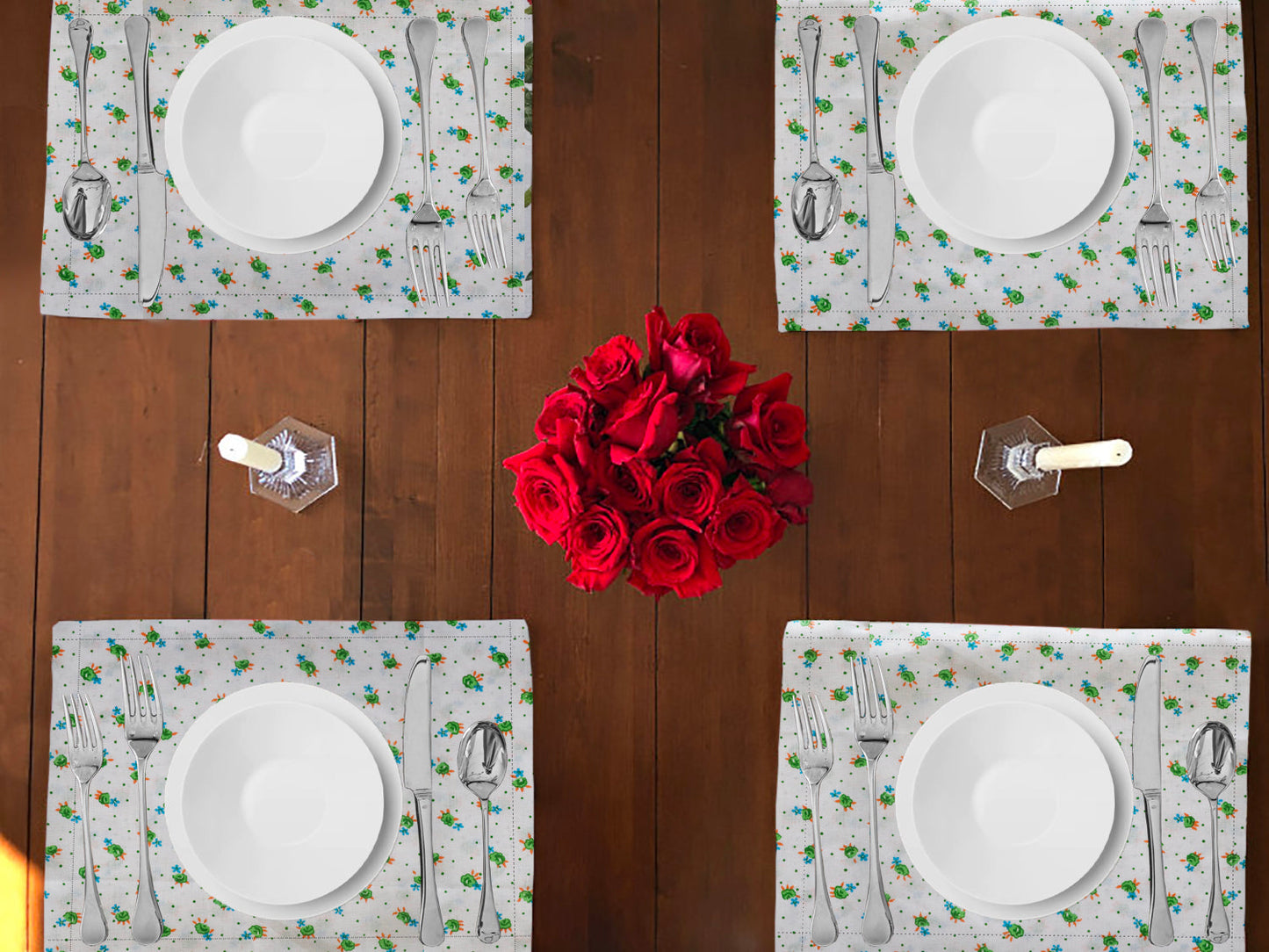 Tiny Flower Dots Print Cotton Dinner Table Placemats Holiday Home Decoration 13" x 19" (Pack of 4)